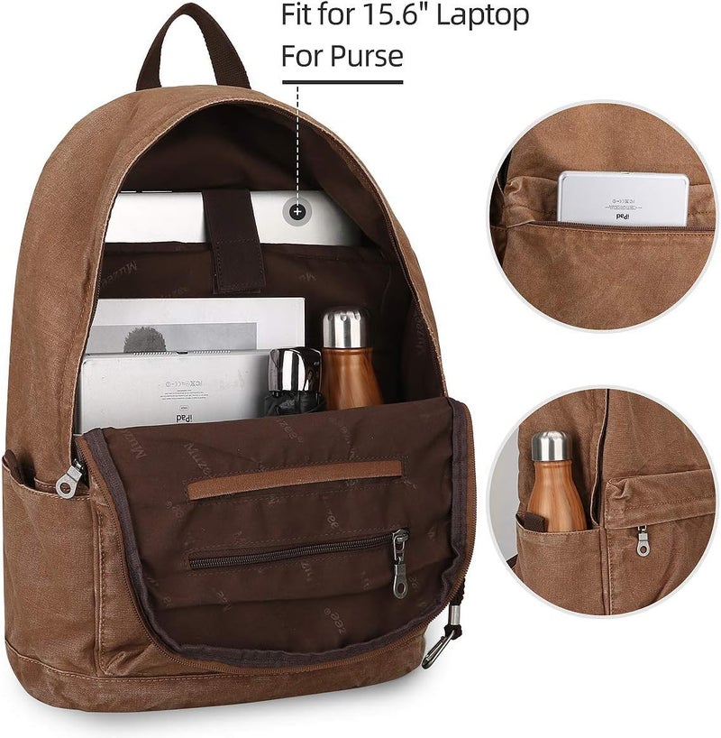 Muzee Muzze Canvas Backpack for Women and Men, Lightweight Classic Laptop Backpack with USB Charging Port for School, Travel and Daily Use, Khaki - Image 3